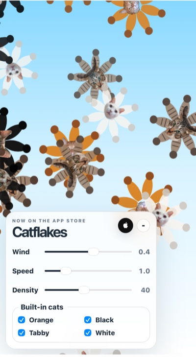 Catflakes web app with radial cat snowflakes falling over a blue sky, above wind, speed and density controls