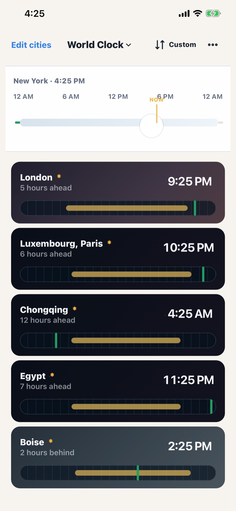 Time Here, Time There showing a shared timeline above a list of cities, each with a daylight band and its local time