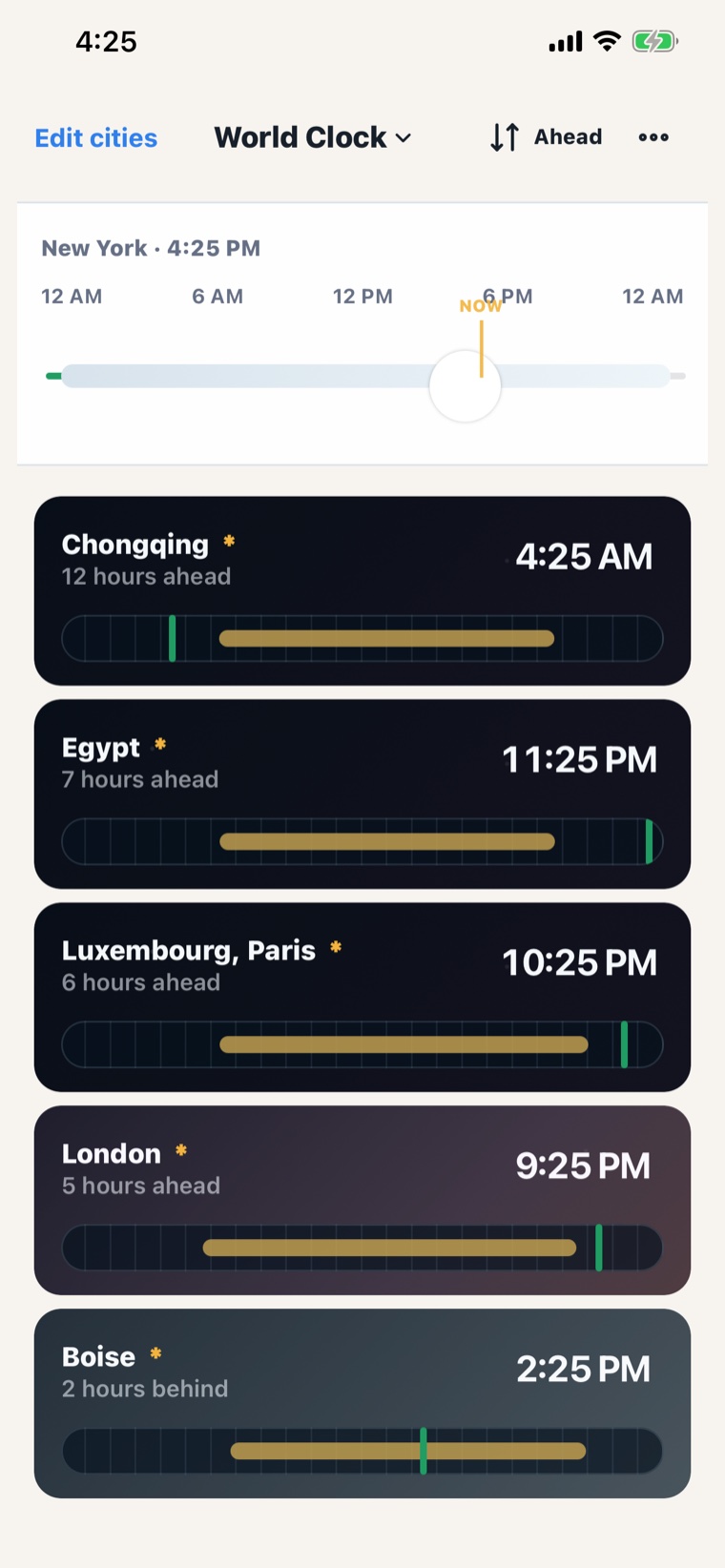 The city list re-sorted so the cities furthest ahead appear first