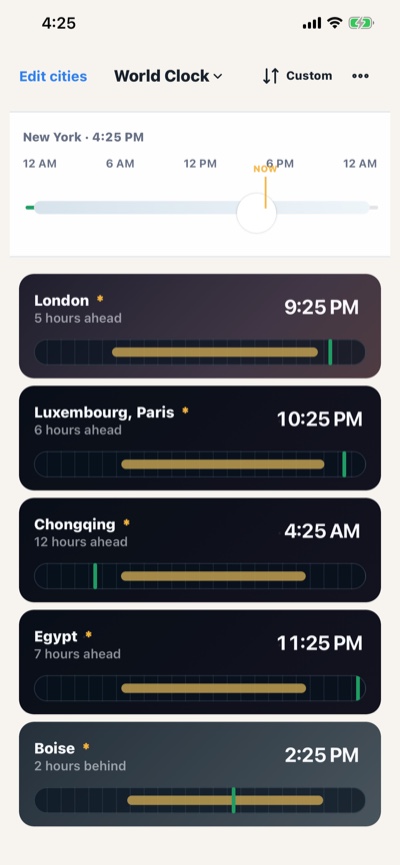 Time Here, Time There shared timeline above a list of cities